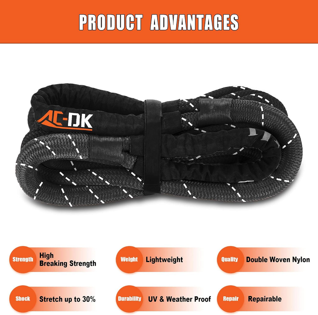 Kinetic Recovery Rope (1in x 30ft ‎Black) 48,500lbs Snatch Strap,Heavy Duty Stretch Nylon Towing Ropes with 2pcs Soft