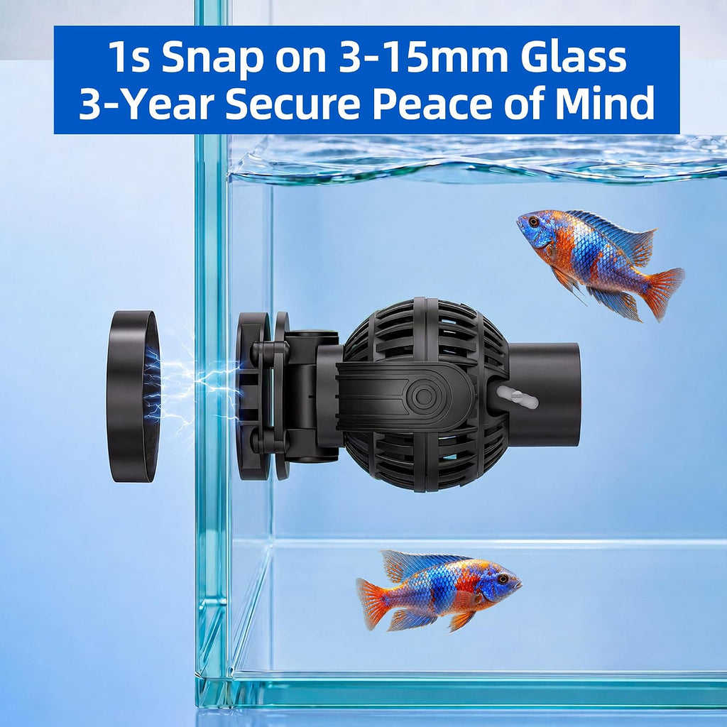 Magnetic Wave Maker for Aquarium: 1s Mounts on 15mm Glass Secure | 8W 1600GPH 180°Adjustable Dual Heads Eliminate