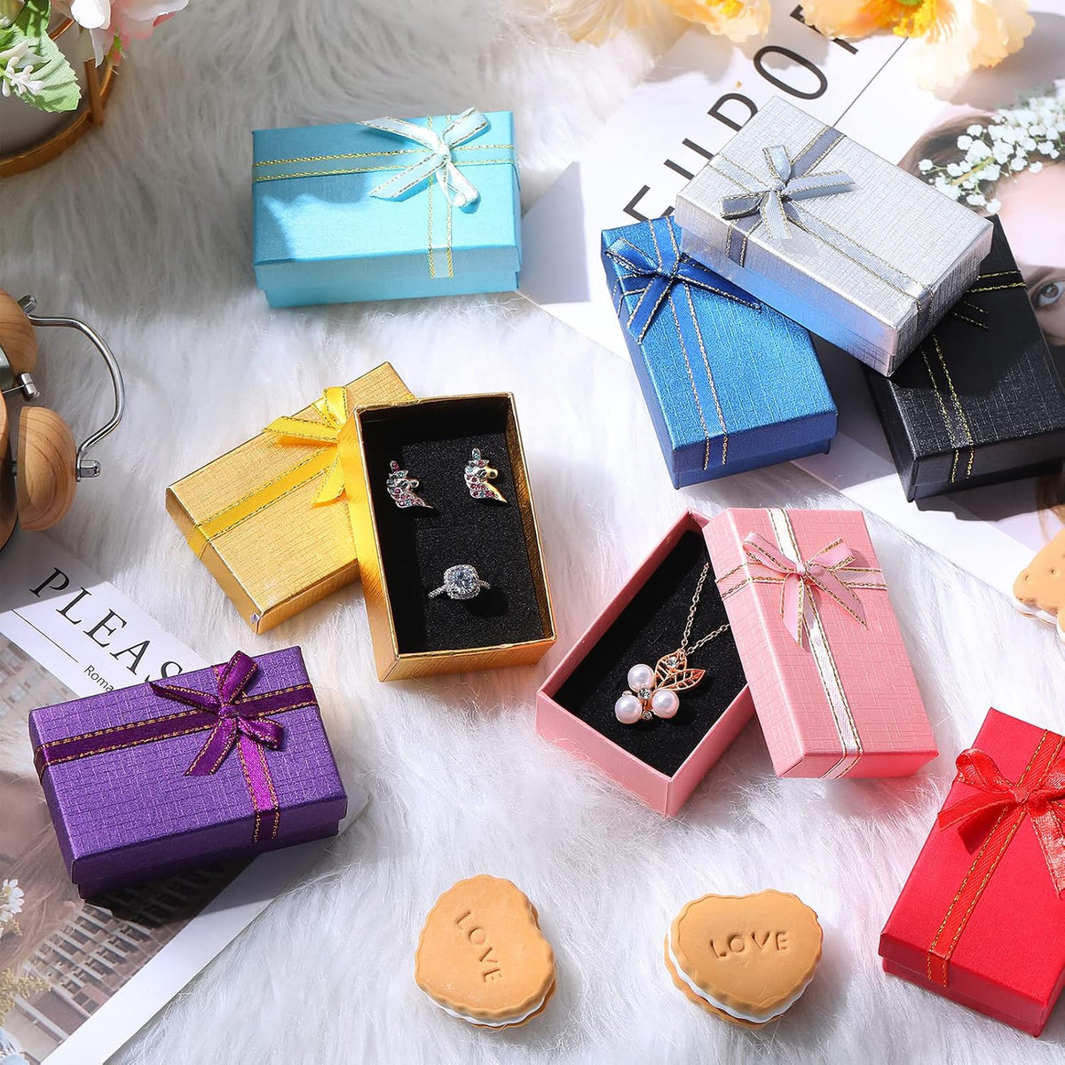 72 Pcs Small Jewelry Gift Boxes Bulk with Ribbon Ring,8 Colors