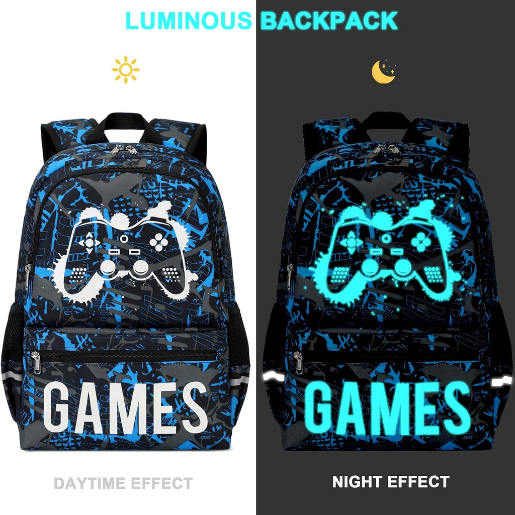 Kids School Backpack for Boys and Girls, Luminous Backpack with Lunch Box, Gamepad Bookbag School Back Pack