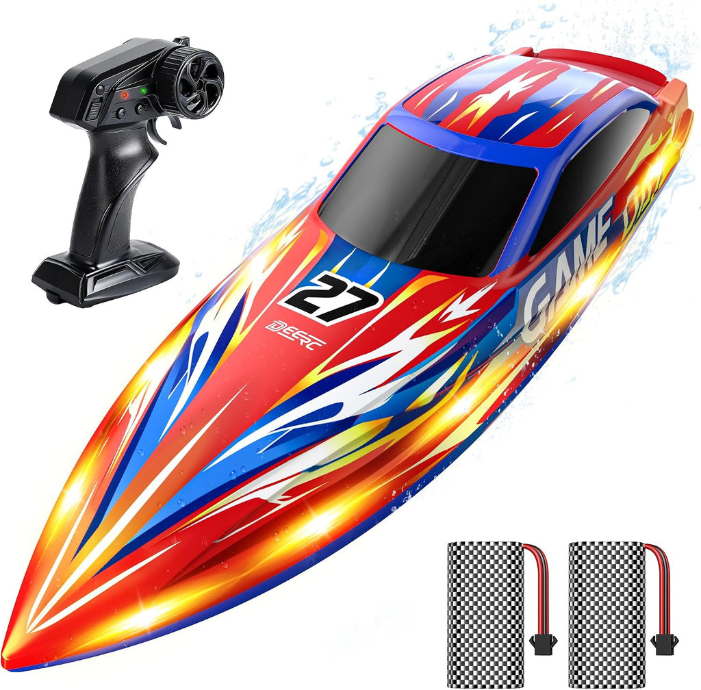 High Speed RC Boat for Kids, 25+KPH, Capsize Recovery, 30 Mins | 2x1300mAh Batteries, Remote Control Boat with LED