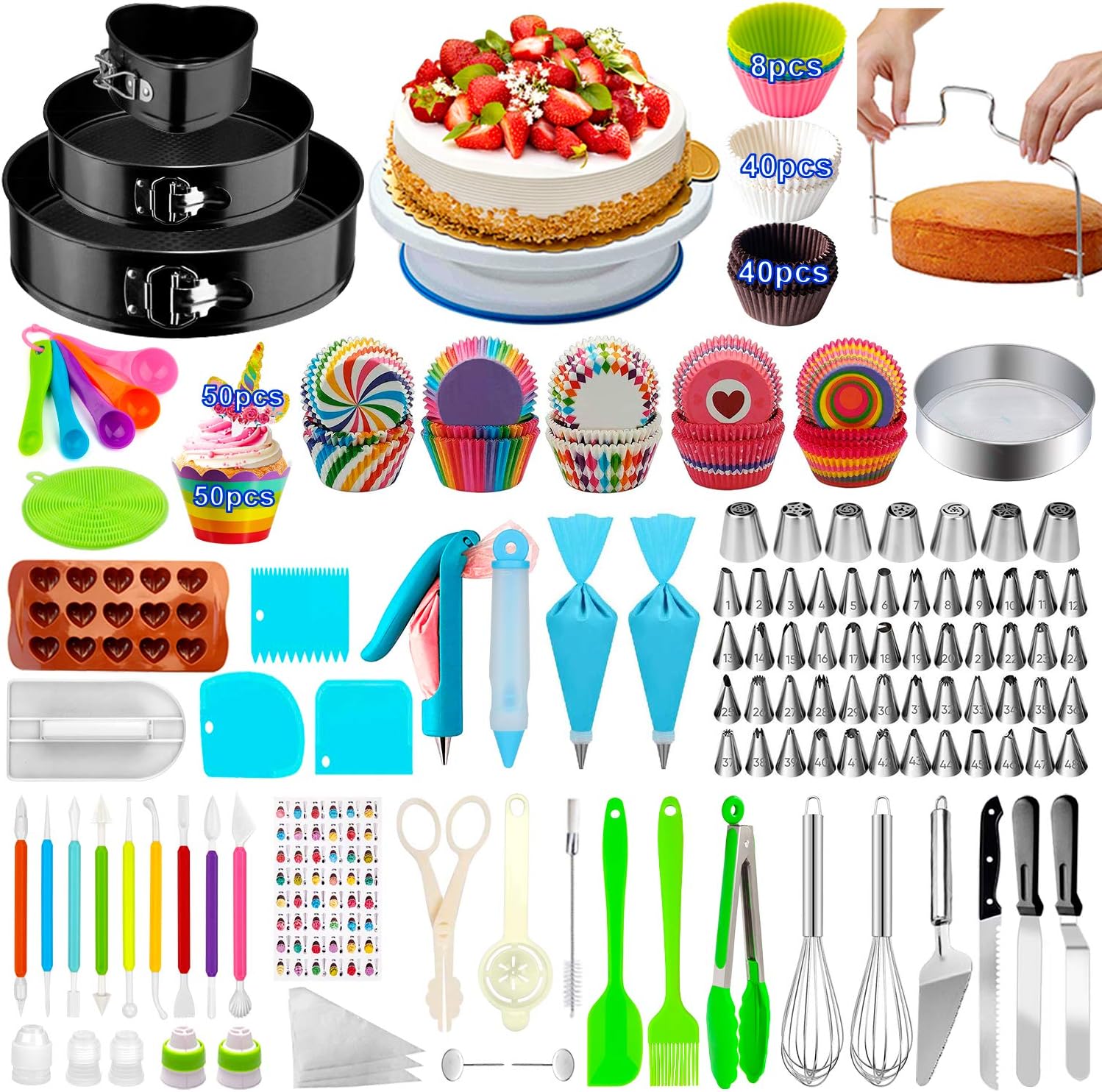 Cake Decorating Supplies,493 PCS Cake Decorating Kit 3 Packs Springform Cake Pans, Cake Rotating Turntable,48 Piping