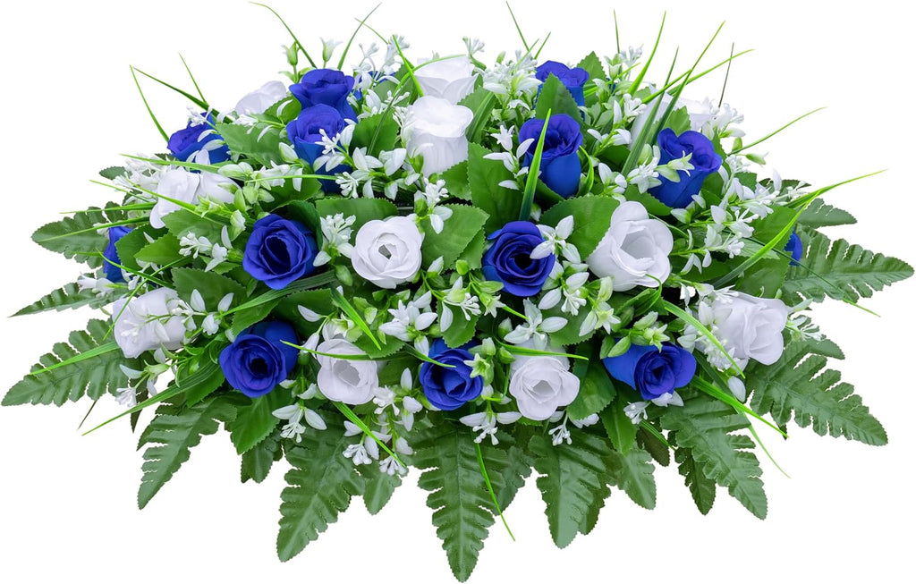 Artificial Cemetery Flowers Saddle-Shaped Tombstone Decorations Non-Fading UV-Resistant（Blue+White Saddle ）