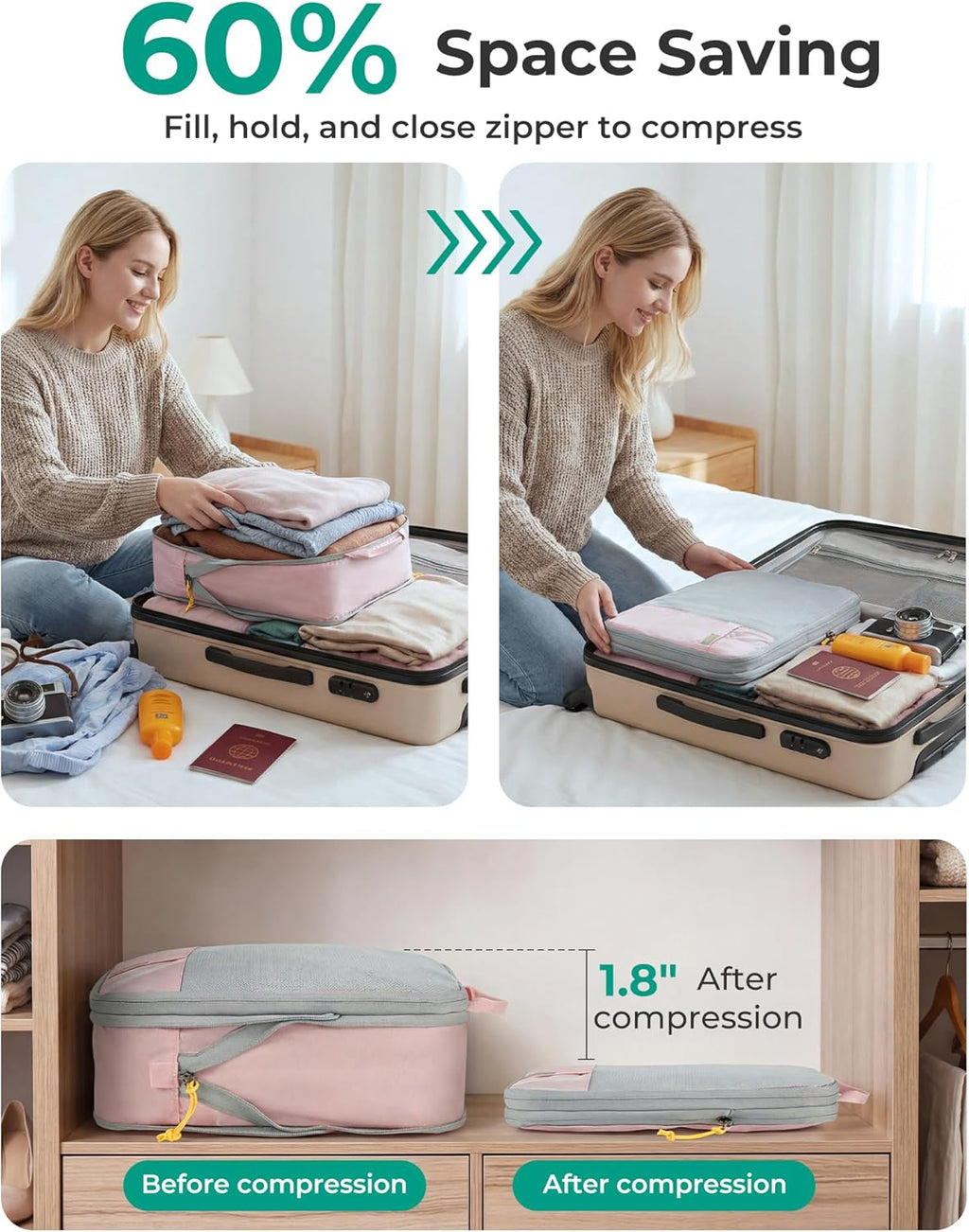 6 Set /4 Set/2 Set Compression Packing Cubes for Travel, Lightweight Luggage Organizer Bags, Durable Space Saver Bags