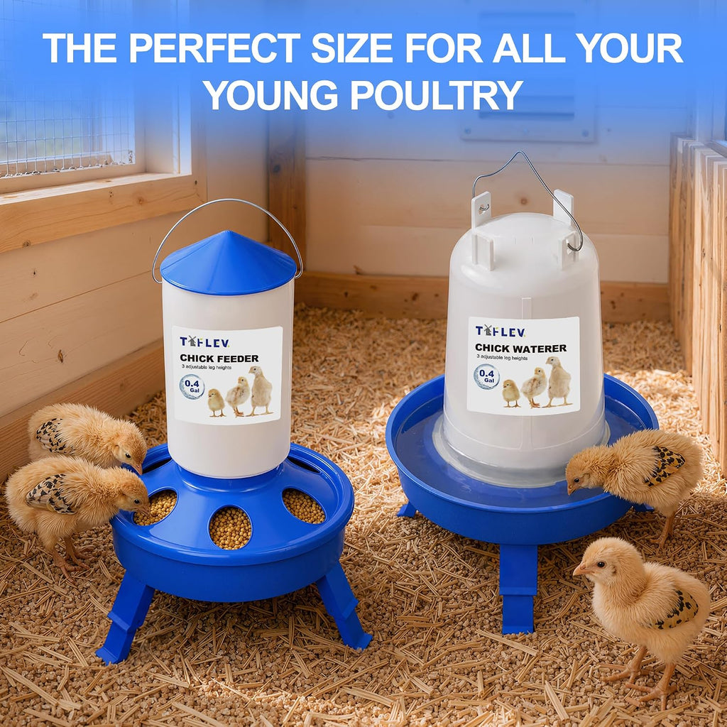 0.4Gal Top Fill Chick Feeder and 0.4Gal Chick Waterer 3 Height Scoop Blue | Chick Feeder and Waterer Set, Anti-Drown