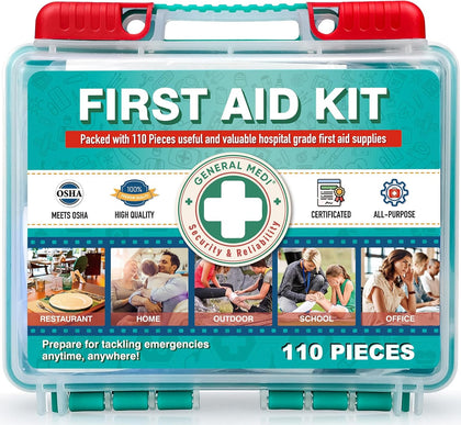110 Pieces Small First Aid Kit - HardCase First Aid Box - Contains Premium Medical Supplies for Travel, Home, Office