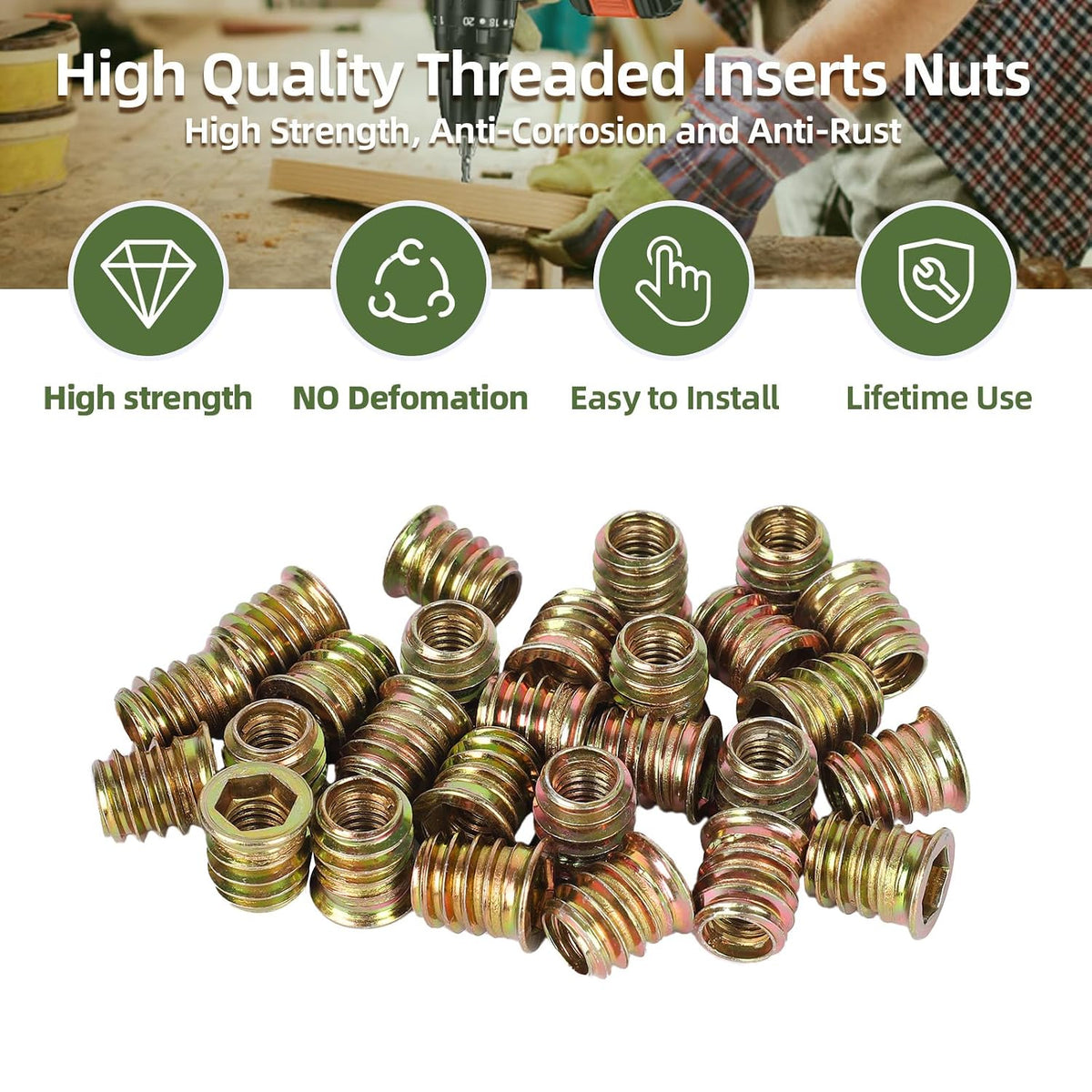 40 PCS M8-1.25 x 15mm Threaded Inserts for Wood Professional Threaded Insert Nuts for Furniture & Wooden Products, Hex Spanner Included