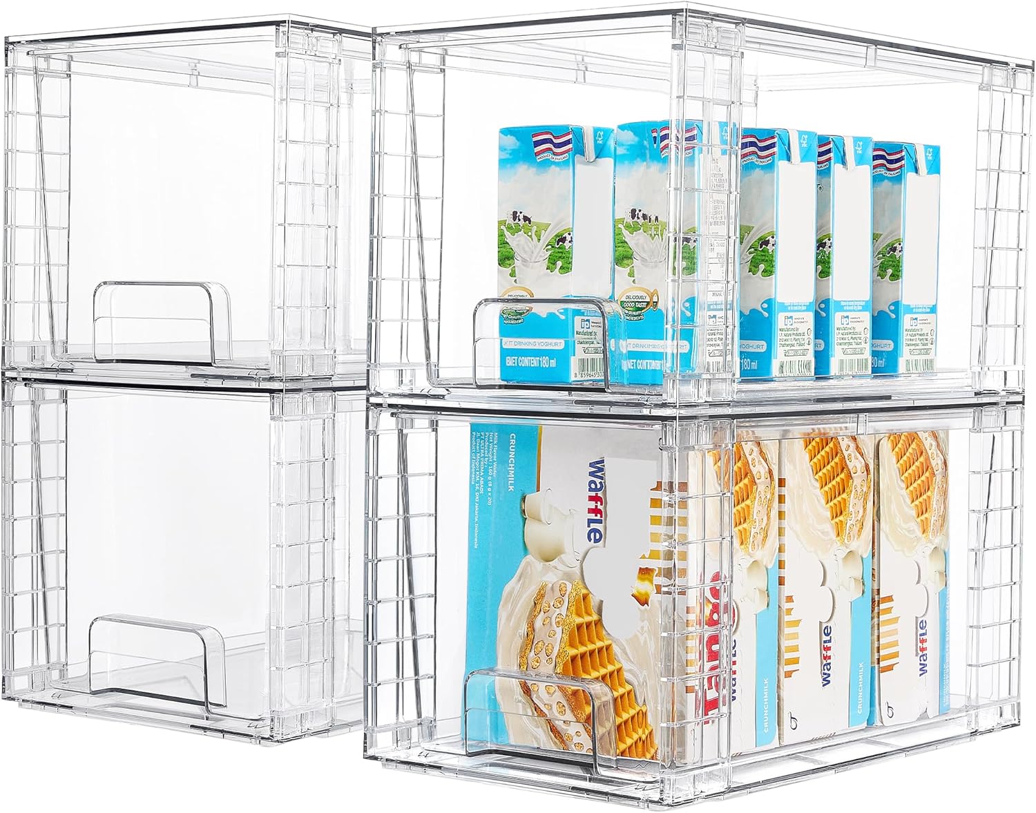 4Pack Large Stackable Kitchen Pantry Storage Drawers, Clear Organizer Bins with Handles, Acrylic Drawer Organizers