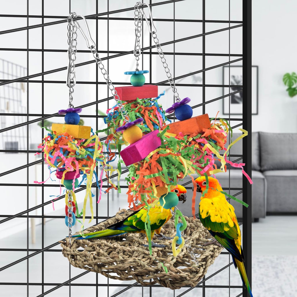 Bird Toys, Grass Swing Hammock Climbing Toy for Parrot Parakeet | Natural Grass with Colorful Chew Toys, Climbing and