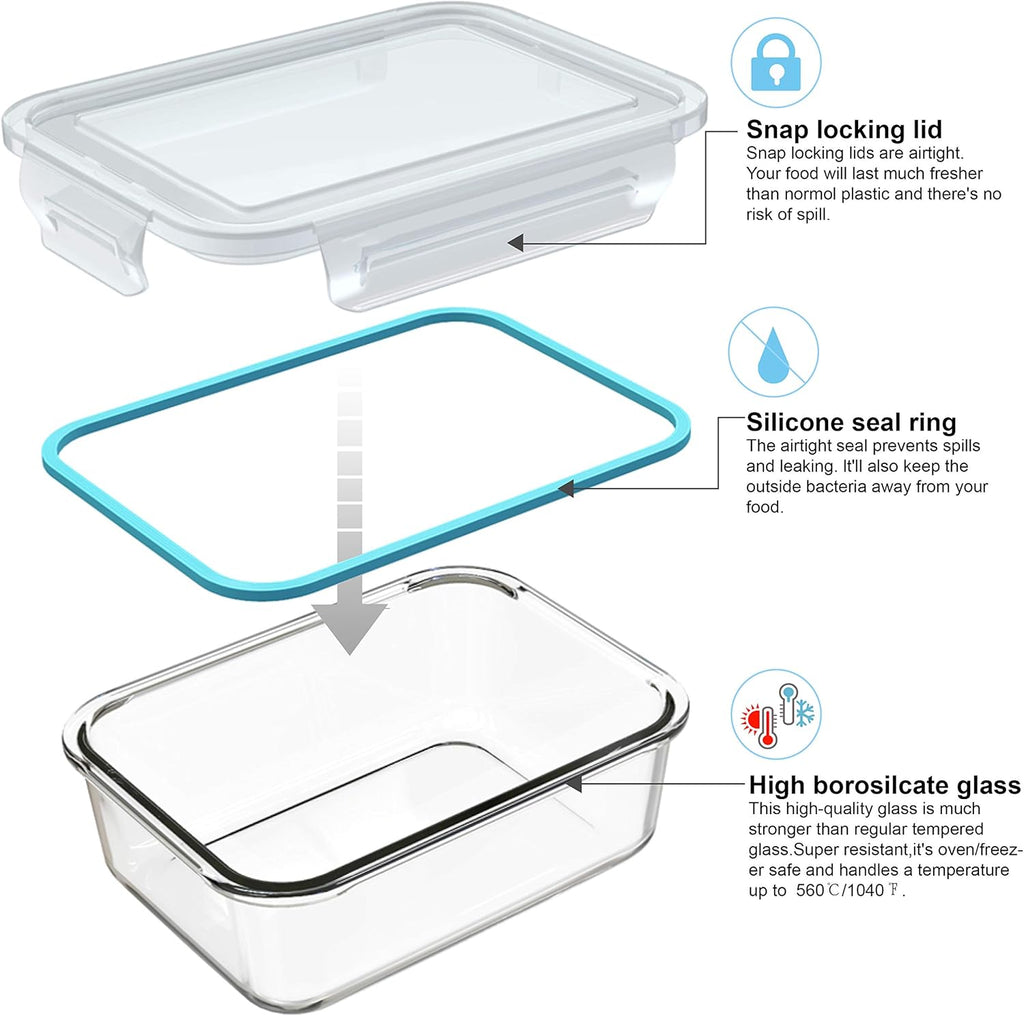 Glass Food Storage Containers with Lids, [18 Piece] Glass Meal Prep Containers Set, Airtight Leak Proof, Oven Freezer