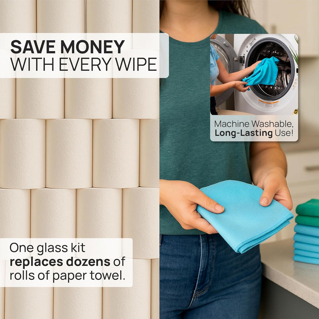 Claro 2 Step Glass Cleaning Cloth 8-Pack – Green Wet & Blue Dry Microfiber Towels Cleaning for Windows, Mirrors &
