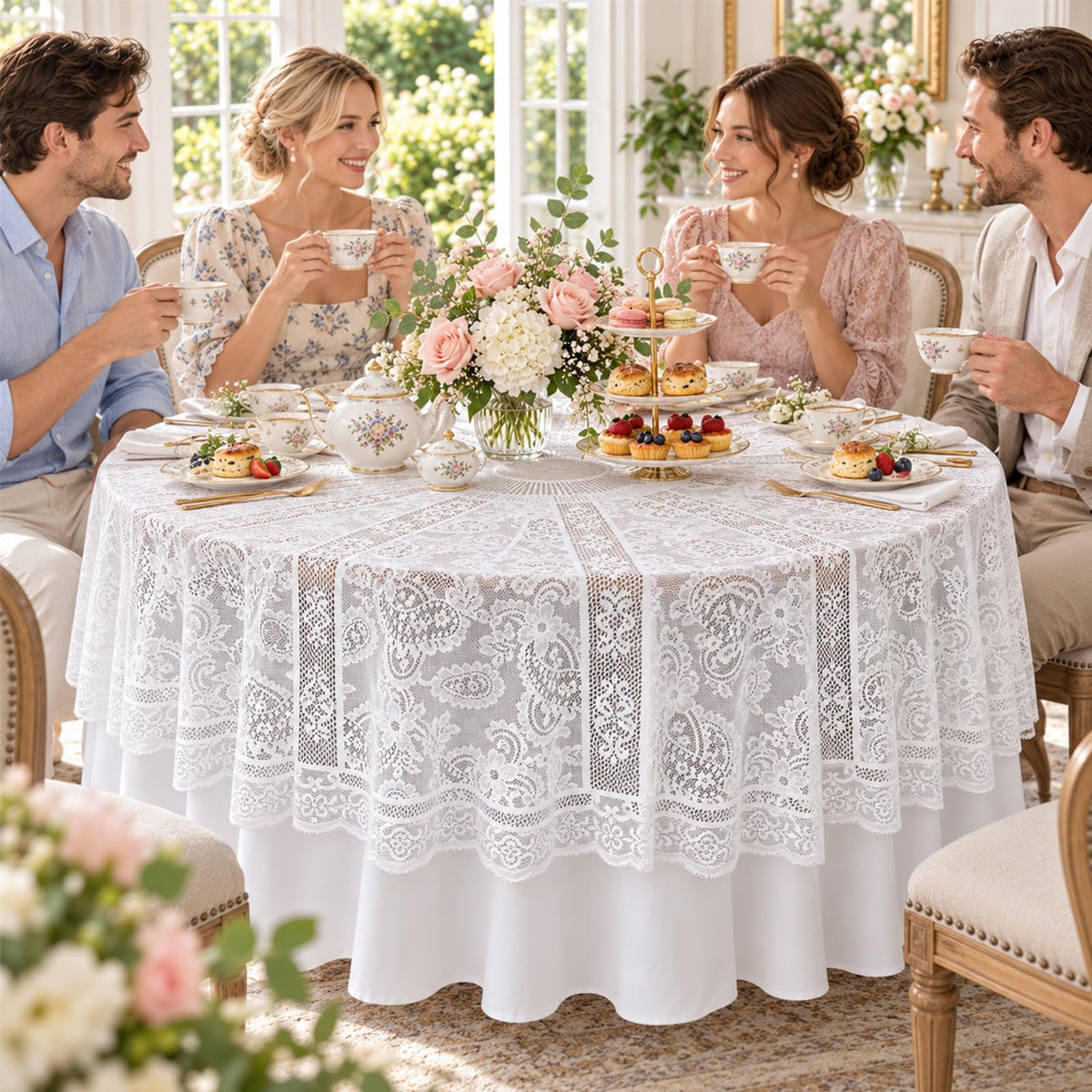 6 Pack White Round lace Tablecloths 71 Inch for Dining Tables