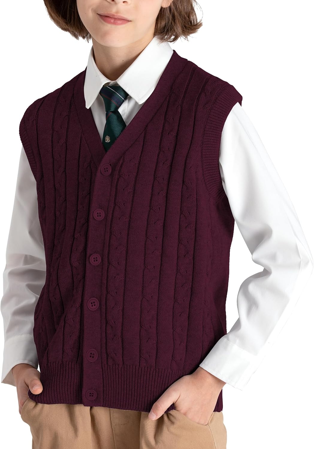Boys Sweater Vest 100% Cotton Kids Button Cardigan School Uniform | Sleeveless V-Neck Sweater Pullover Cable Knit