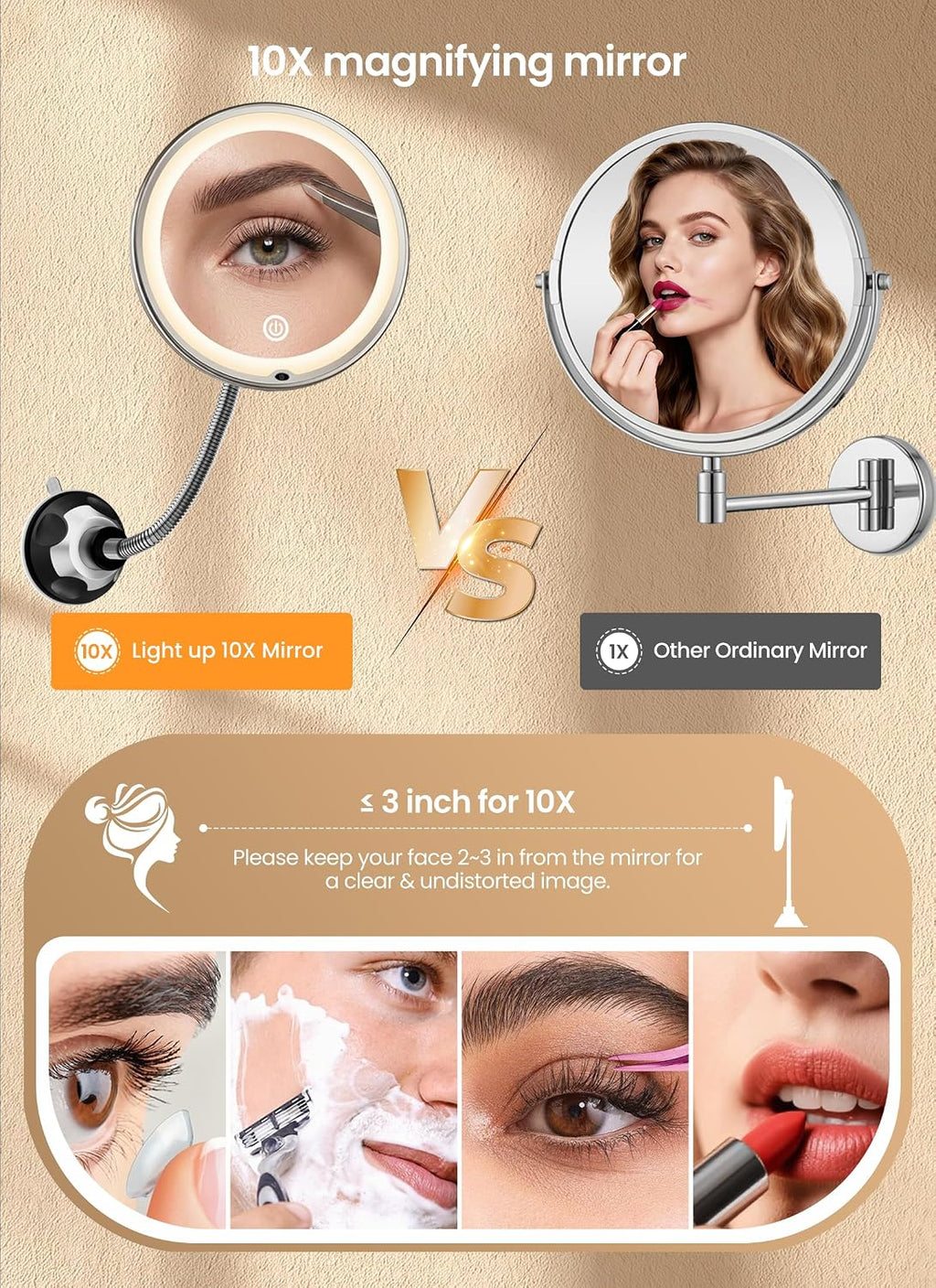 10x Makeup Mirror with Lights, Flexible Magnifying Mirror 3 Light Modes | Wall-Mounted Lighted Vanity Makeup Mirror