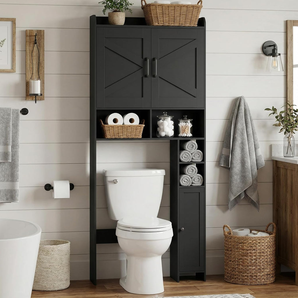 Wooden Over The Toilet Storage Cabinet with Barn Door | Freestanding Bathroom Storage, Toilet Paper Holder
