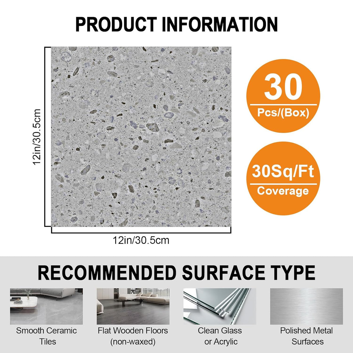 Peel and Stick Floor Tile 30-Pack 12 x 12 inch,Self-Adhesive Waterproof Vinyl Flooring Plank for Bathroom,Kitchen