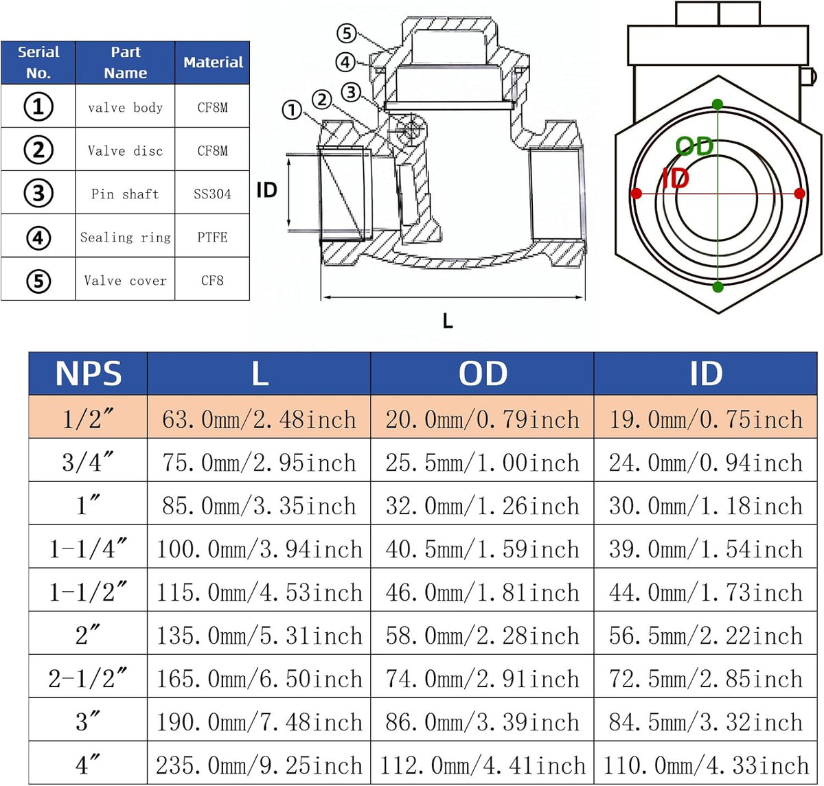 1/2" NPT Horizontal Swing Check Valve, Stainless Steel, Female Thread, DN15