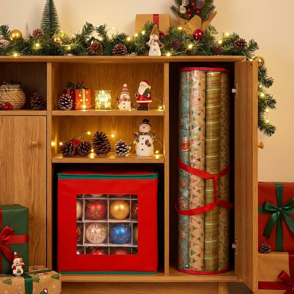 2 Pcs Christmas Ornament Storage Box with Dividers, Dual Zippers up to 3 Inch 64 Ornaments, 31 Inch Gift Wrapping