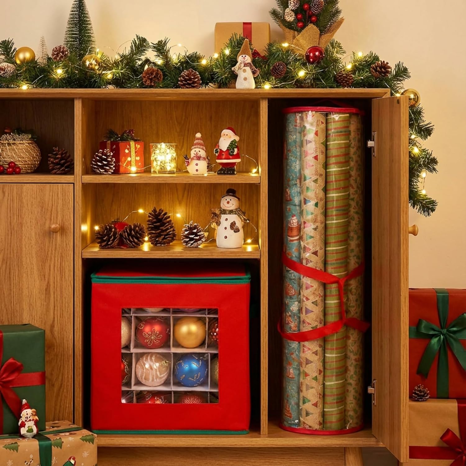 2 Pcs Christmas Ornament Storage Box with Dividers, Dual Zippers up to 3 Inch 64 Ornaments, 31 Inch Gift Wrapping