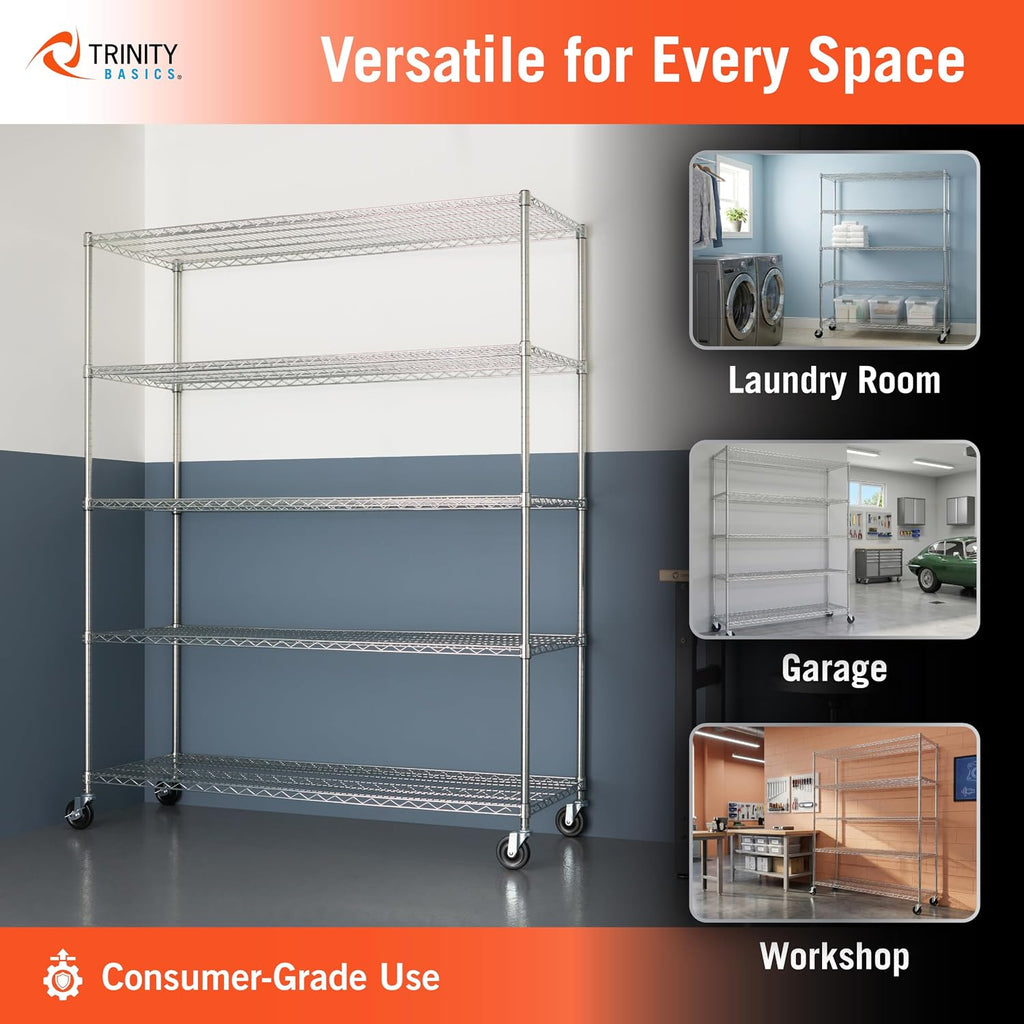 Basics 5-Tier NSF Heavy-Duty Wire Shelving Rack w Wheels, 60x24x72