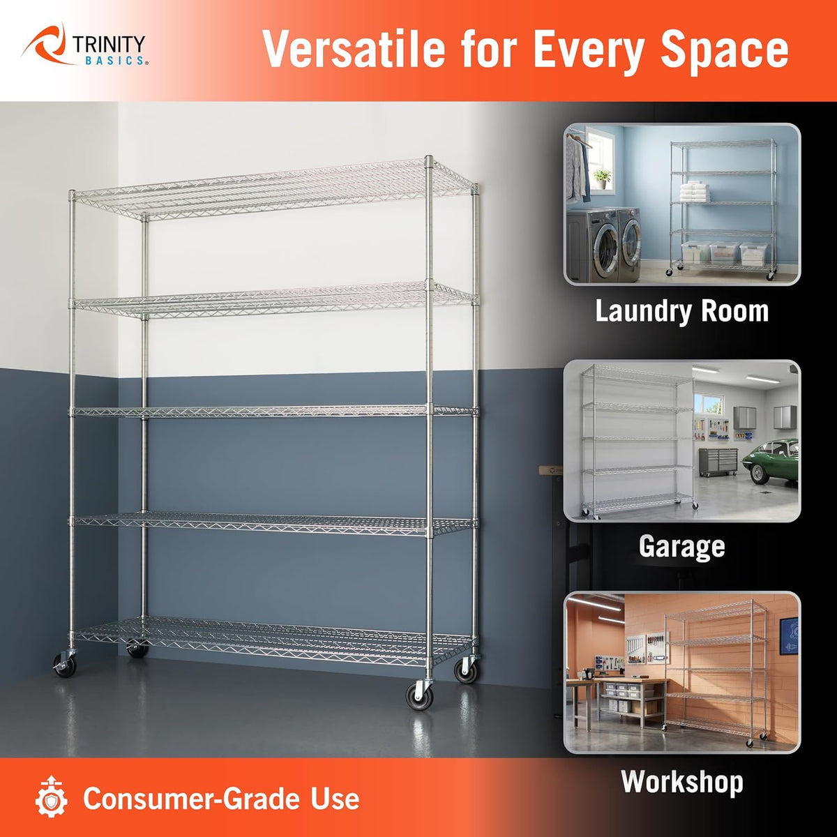 Basics 5-Tier NSF Heavy-Duty Wire Shelving Rack w Wheels, 60x24x72