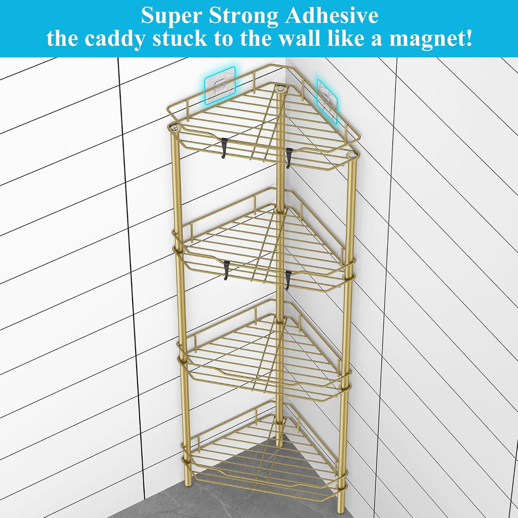 Metal Floor Standing Corner Shower Caddy, Gold, 4 Tier | Adhesive Bathroom Organizer Shelves, Free Standing Shower