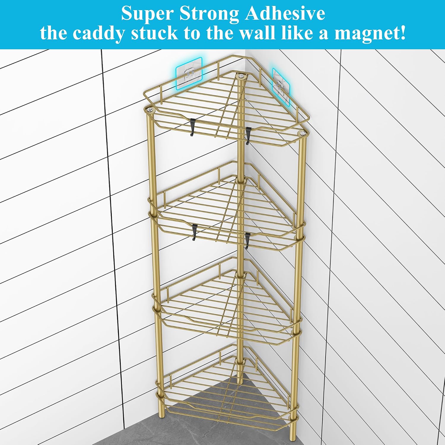 Metal Floor Standing Corner Shower Caddy, Gold, 4 Tier | Adhesive Bathroom Organizer Shelves, Free Standing Shower