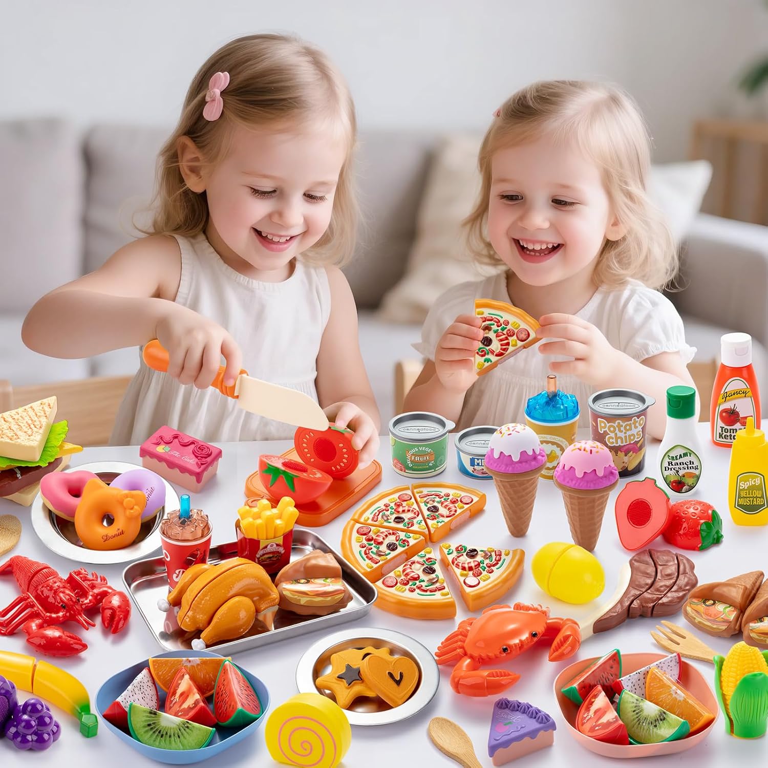 Pretend Play Food Set for Kds Kitchen, Cutting Toy Food with Storage Bag, Stainless Steel Tray and Plates, Fake Food