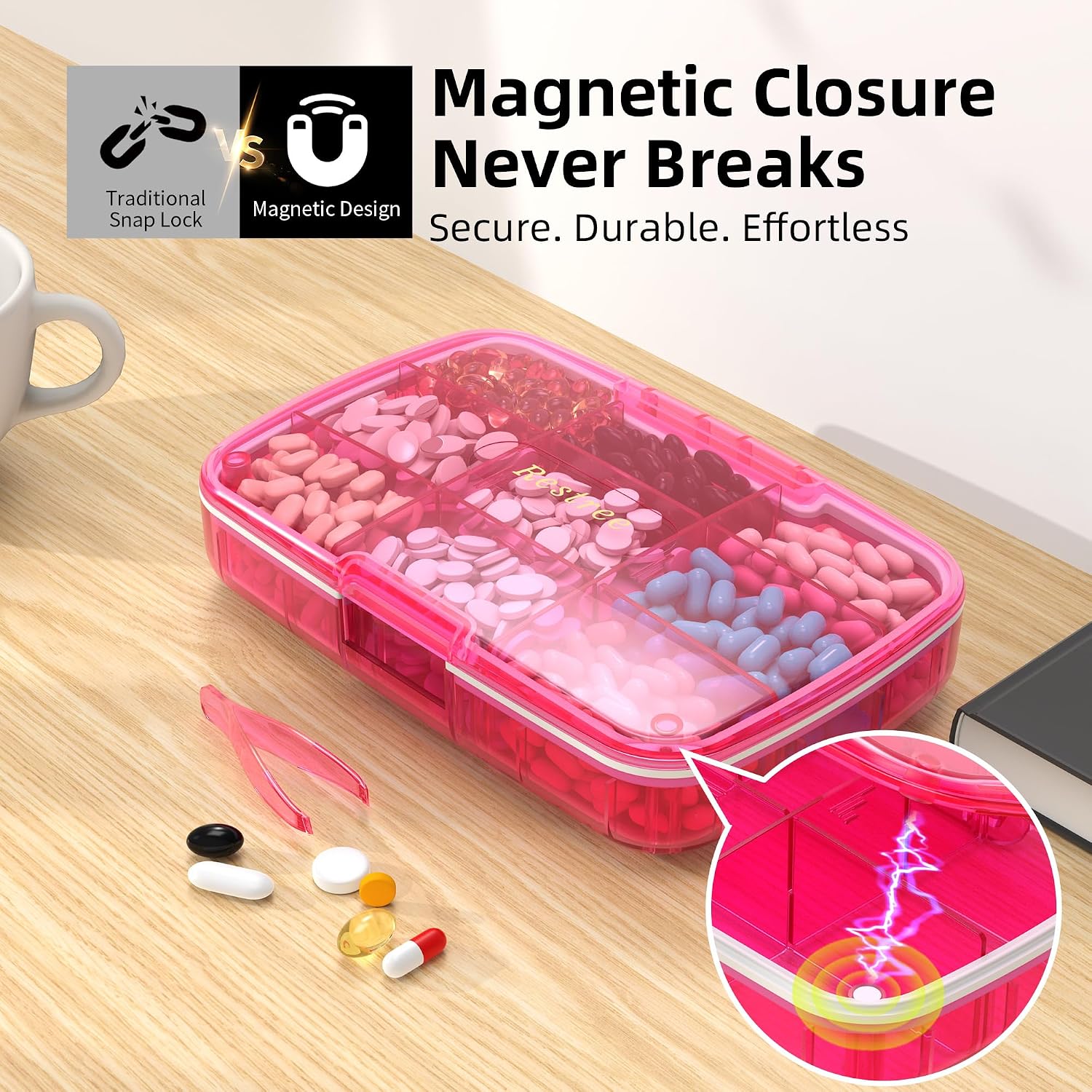 Pill Organizer, Large Waterproof Travel Pill Case, Magnetic Closure & Adjustable Dividers for Daily Vitamins