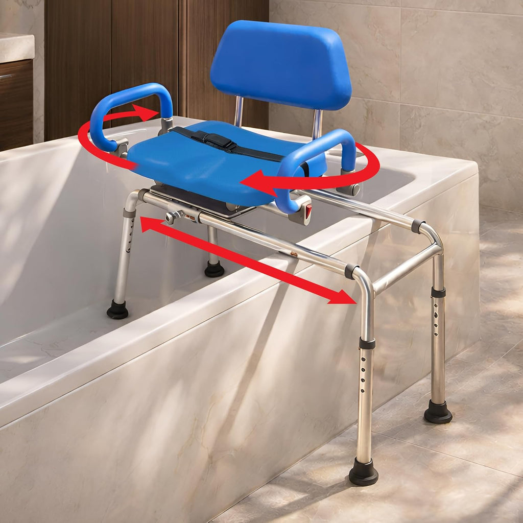 Carousel Sliding Shower Chair Tub Transfer Bench with Swivel Seat, Premium Padded, Pivoting Arms, Adjustable Space