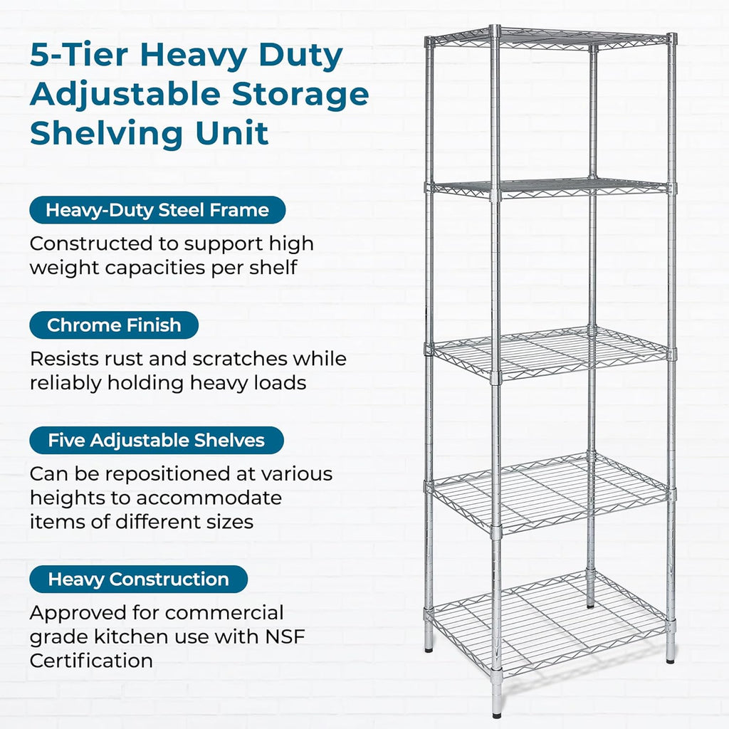 5-Tier Heavy Duty Adjustable Shelving Unit, 250-lb Per Shelf NSF Certified Metal Storage Rack, Chrome Wire Shelf for