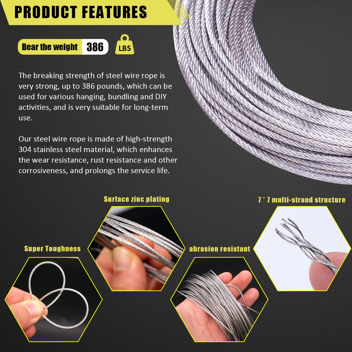 /304 Stainless Steel 66ft Wire Rope Kit with M5 Turnbuckle Tension Hook and Eye Screw,1/16 Wire Rope Thimbles,Wire