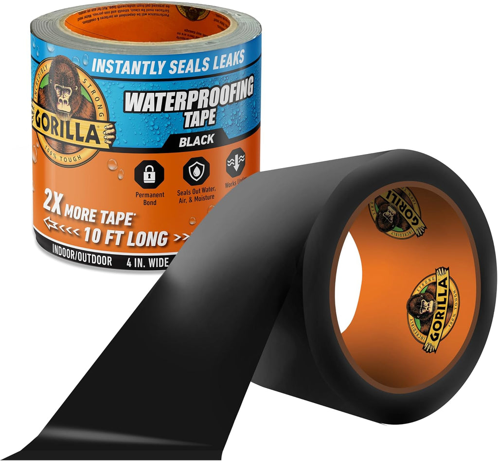 GORILLA Waterproofing Tape, Permanent, Black, 4" x 10', 1-Pack