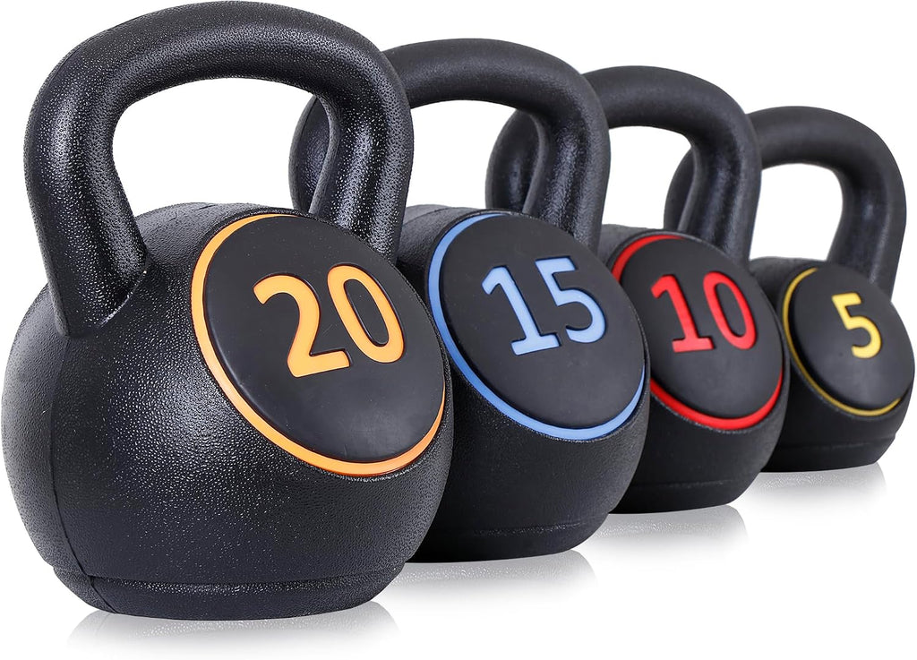 Kettlebell Sets 4 Piece Strength Training KettleBells Weight Set 5lb, 10lb, 15lb, 20lb HDPE Coated Concrete Kettle