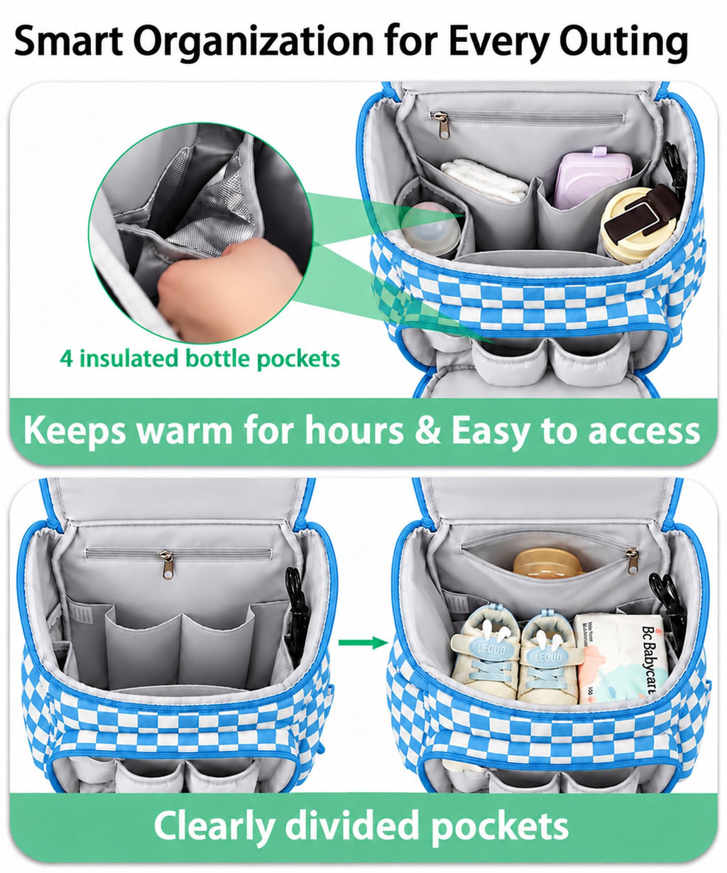 Checkered Diaper Bag Backpack with Changing Pad & Stroller Clips