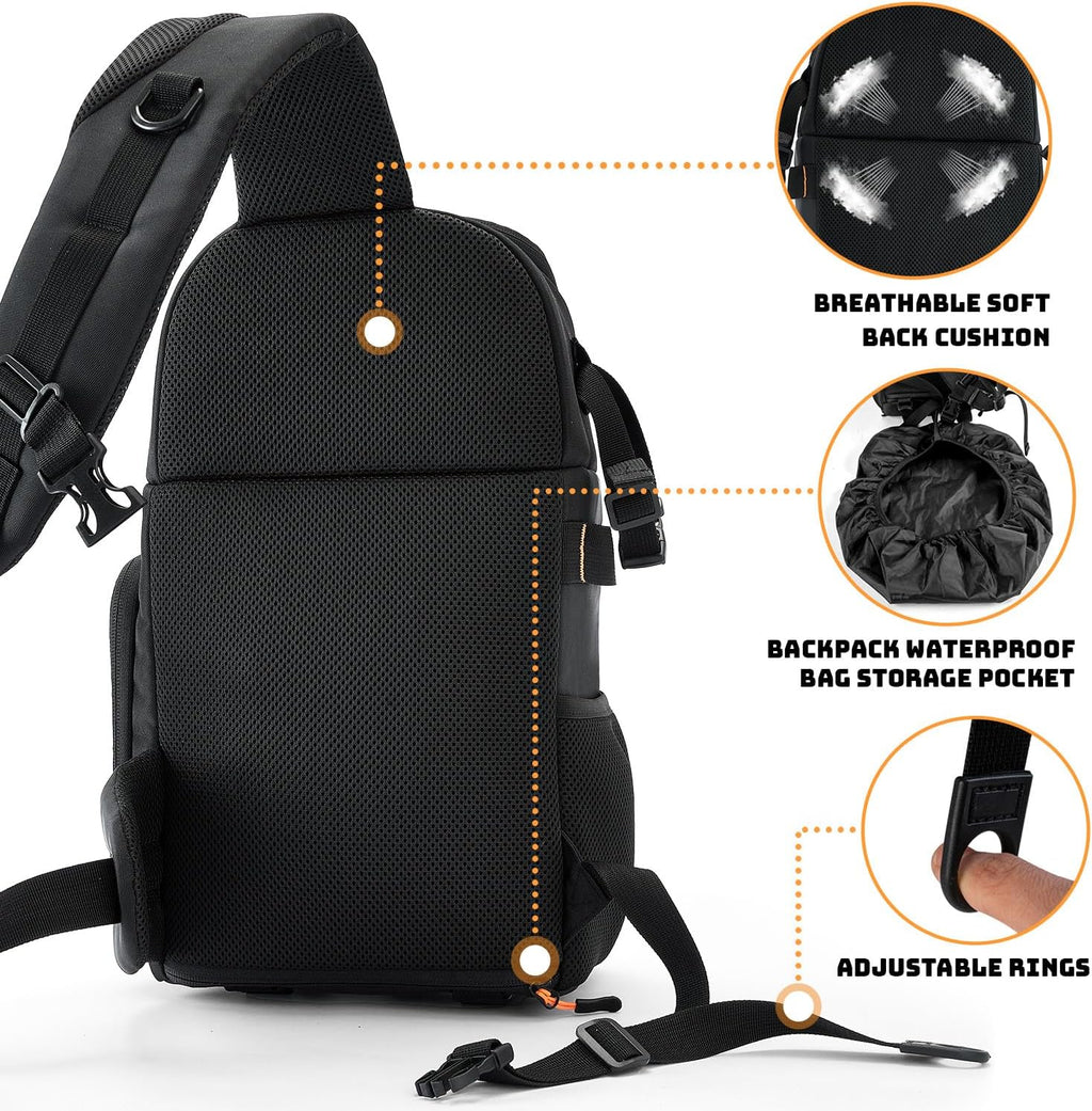 Camera Sling Bag for Photographers - Waterproof Single-Shoulder Camera Case with Adjustable Dividers, Rain Cover &