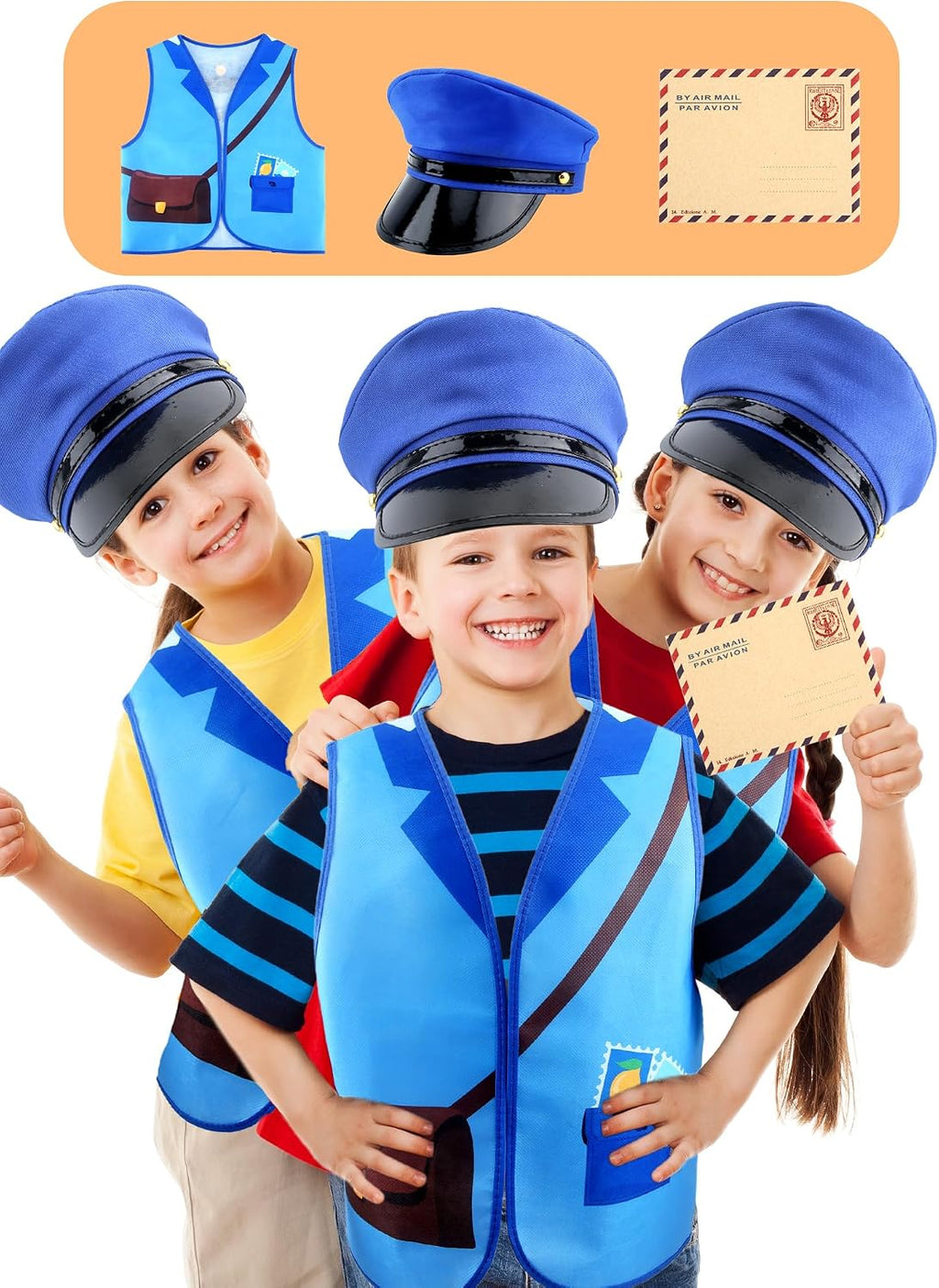 Kids Mailman Costume Set Postman Vest Hat Envelopes Mail Carrier Dress Up for Boys Girls Career Day Halloween Pretend