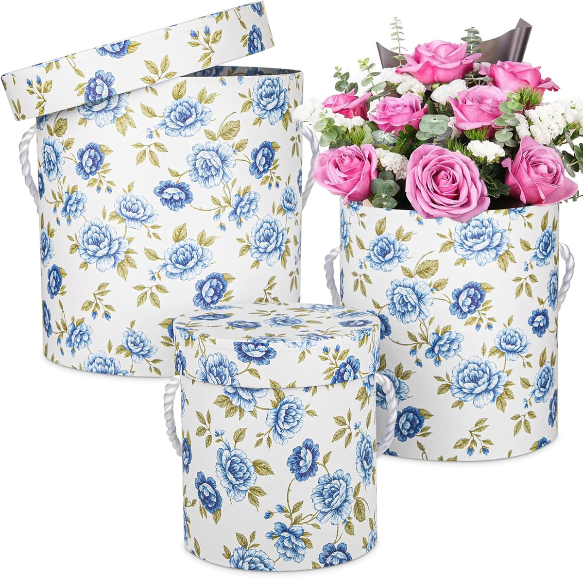 White and Blue Gift Box with Lids Set of 3 Round Nesting Gift Boxes for Presents 3 Assorted Sizes Flowers