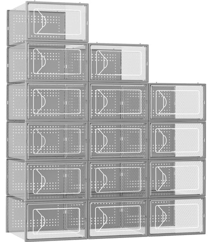 Shoe Storage Box, 15 Pack Clear Plastic Stackable Organizer for Closet, Interlocking Design Shoes Container Bins for
