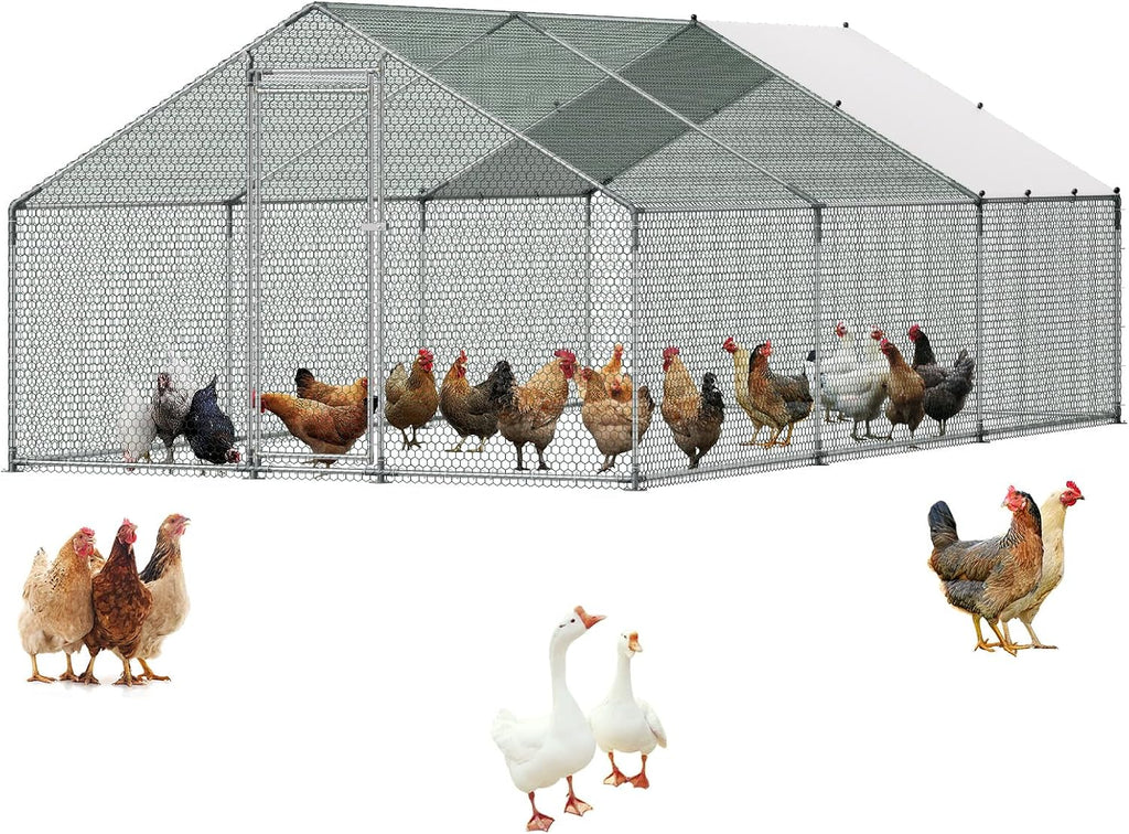 Large Metal Chicken Coop, 19.7x9.8x6.5ft Walk-in Chicken Runs for Yard with Cover, Spire Roof Hen House with Security