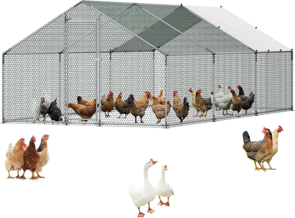 Large Metal Chicken Coop, 19.7x9.8x6.5ft Walk-in Chicken Runs for Yard with Cover, Spire Roof Hen House with Security