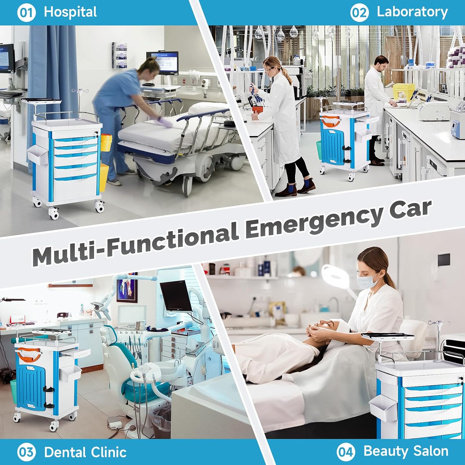 Crash Cart Medical ABS Material, Medical Cart with Drawers, Adjustable IV Pole, Silent Casters, Trash Bins, O2
