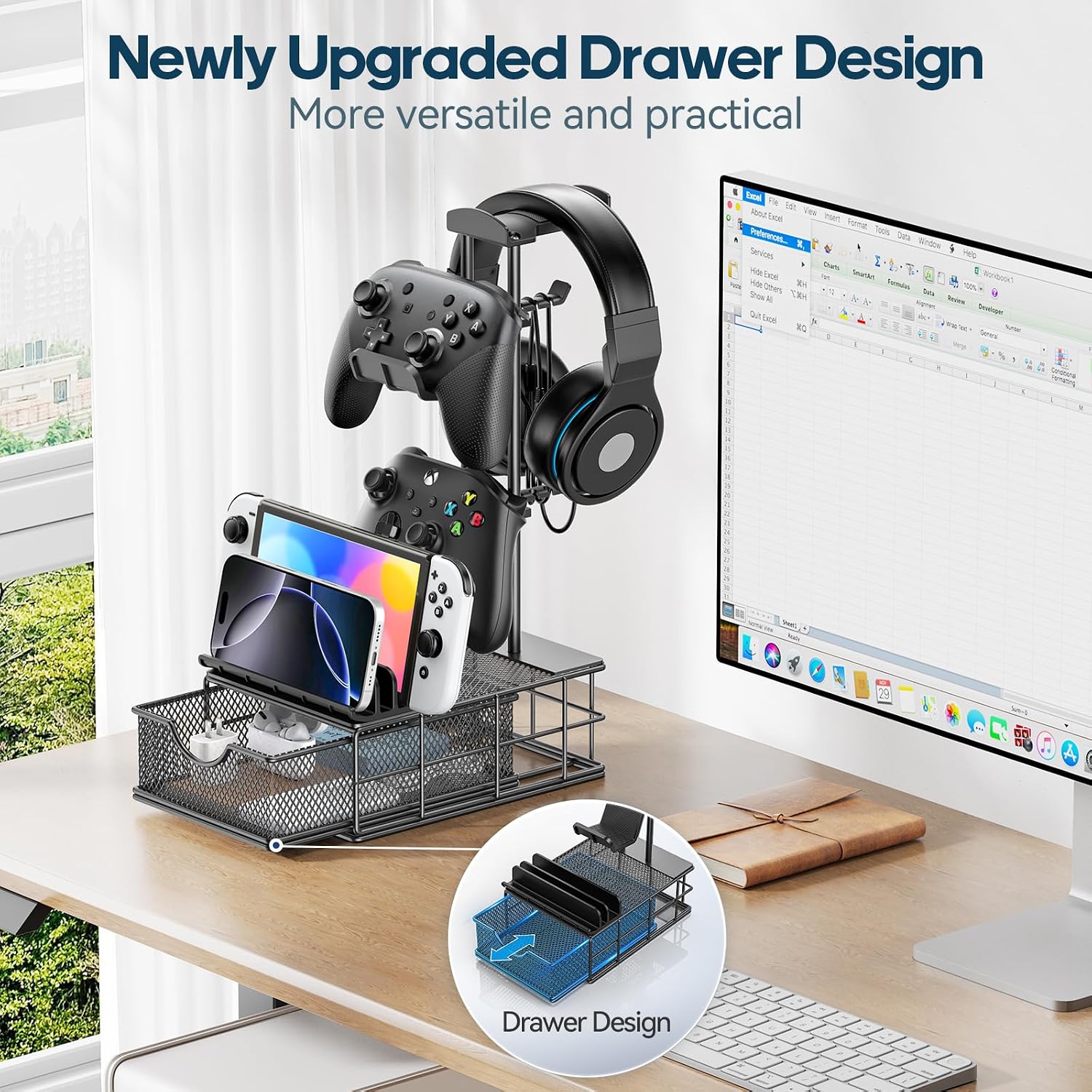 Headphone Stand with Drawer - Headset & Controller Holder for Desk - Aluminum Supporting Bar Earphone Stand with