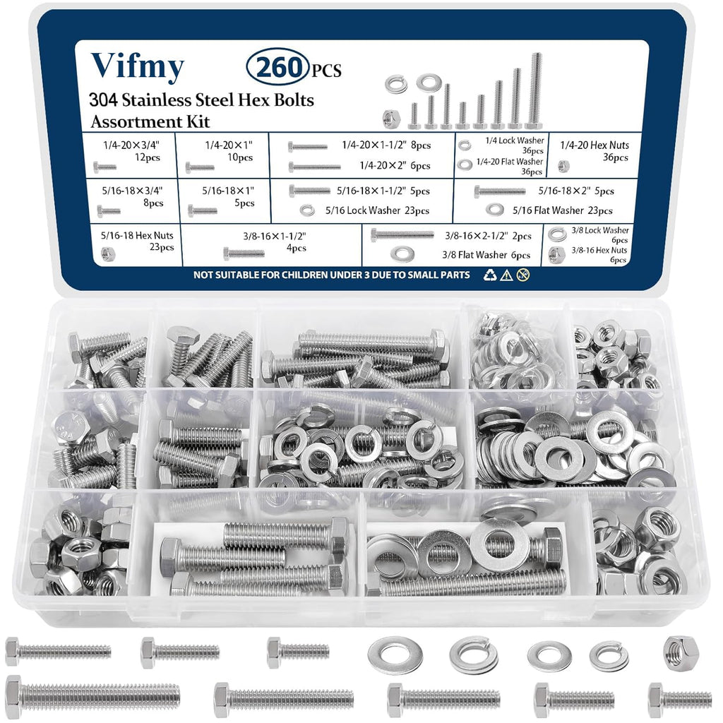 1/4, 5/16, 3/8 Hex Bolt and Nut Assortment Kit 260Pcs Stainless Steel