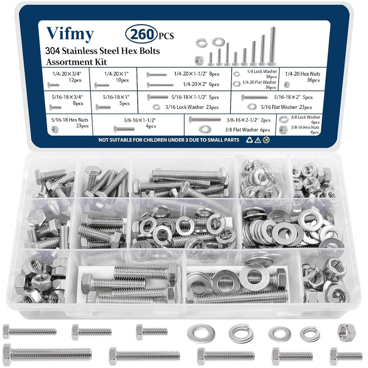 1/4, 5/16, 3/8 Hex Bolt and Nut Assortment Kit 260Pcs Stainless Steel