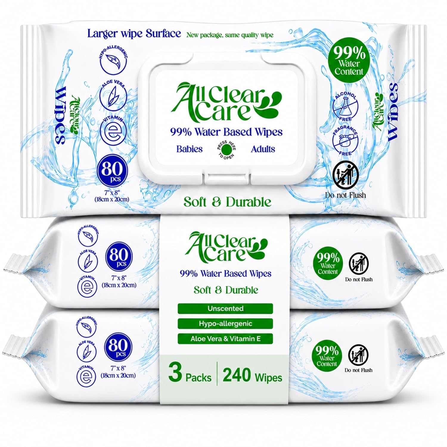 Baby Wipes, Unscented for Sensitive Skin, Large Soft Durable & 99% Water Based, Gentle & Hypoallergenic for Babies &