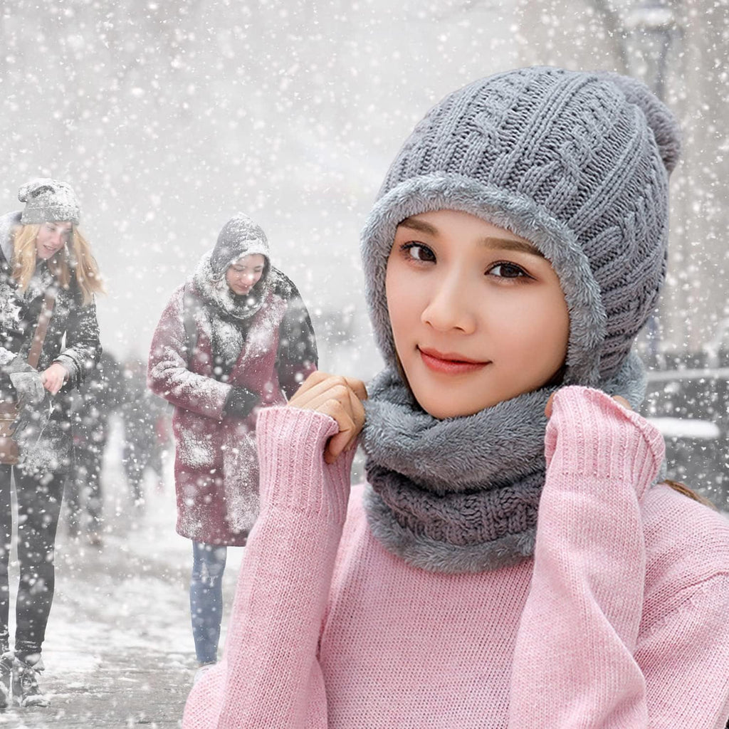 Women Winter Knit Beanie Hats One Piece Fleece Lined Balaclavas | Lady winter Earmuff Hooded Ski Snow Hat Pom Pom