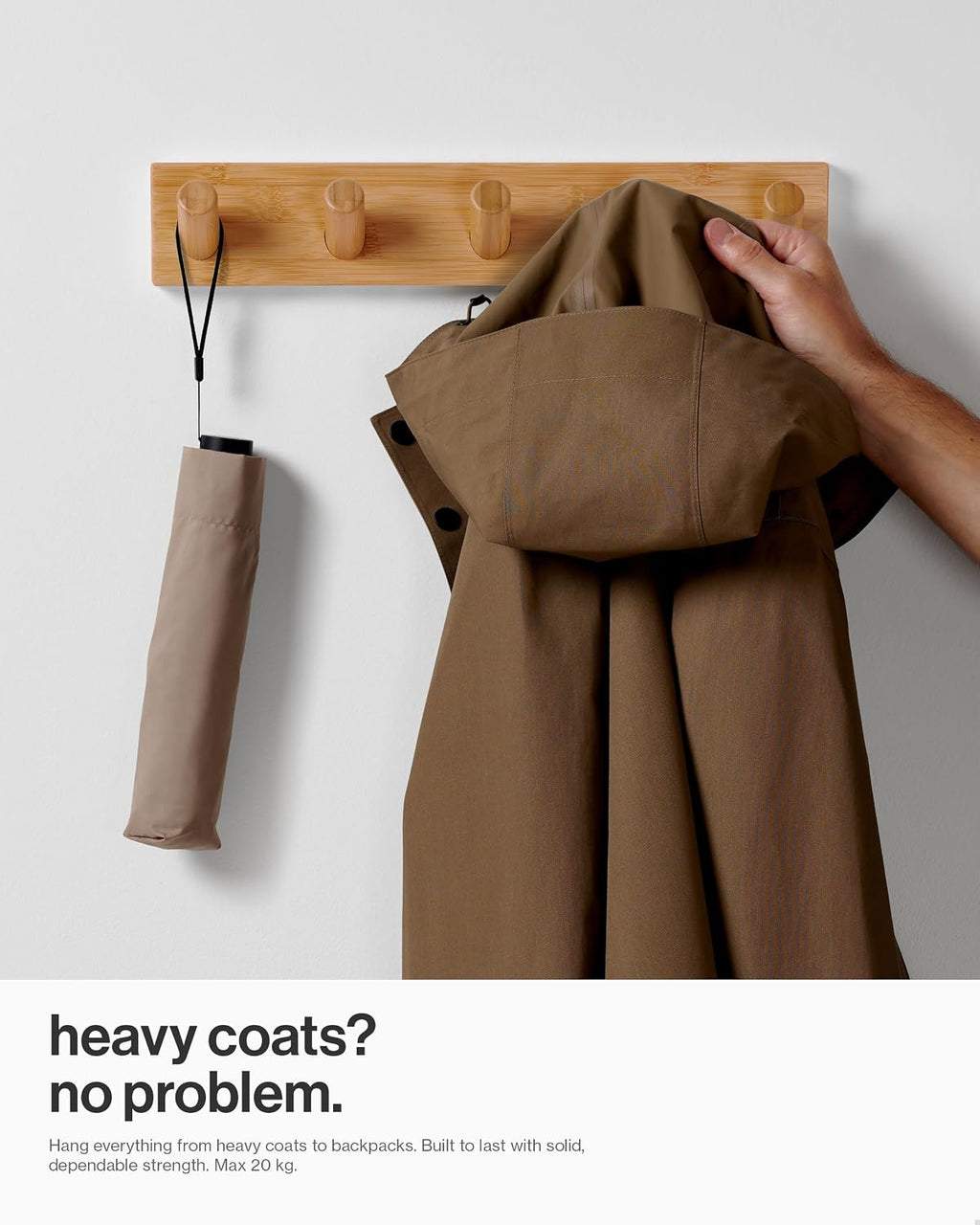 Wall Mounted Coat Rack with 5 Heavy-Duty 1" Diameter Hooks (2-Pack), 16.5" - Wooden Wall Hook Rack - Modern