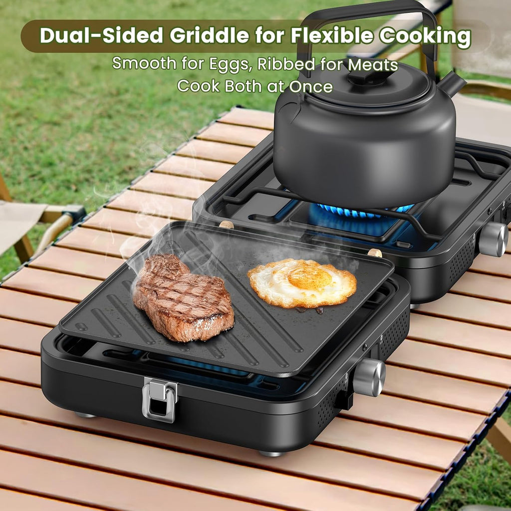 2-Burner Foldable Camping Stove with Griddle (Textured & Smooth) and Carrying Bag, Portable Propane Camp Stove with 2