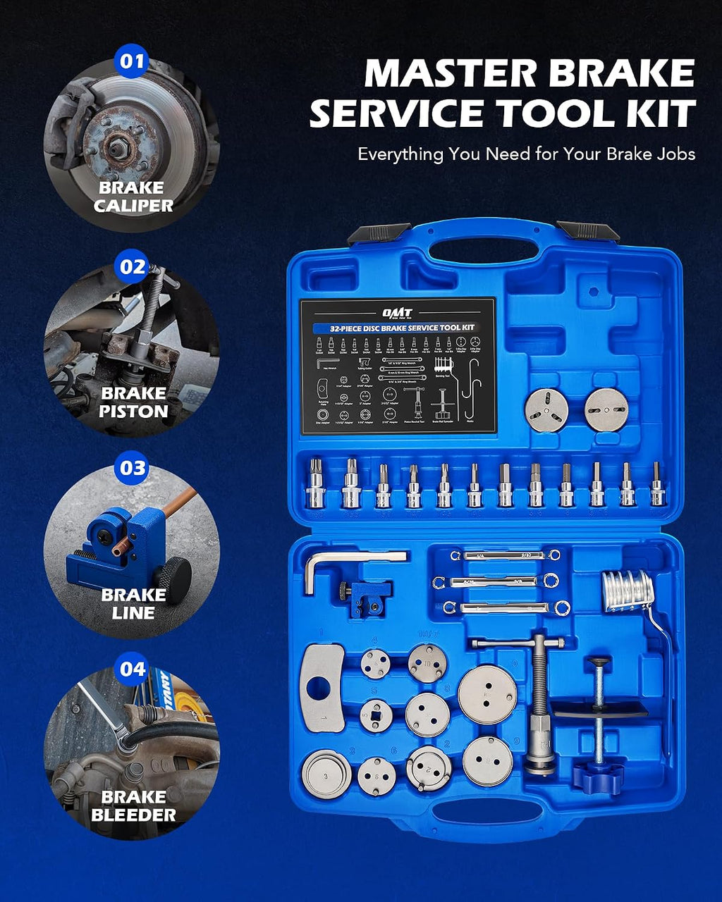 OMT 34pc Master Brake Caliper Tool Kit with 11 Adapters and Line Cutter